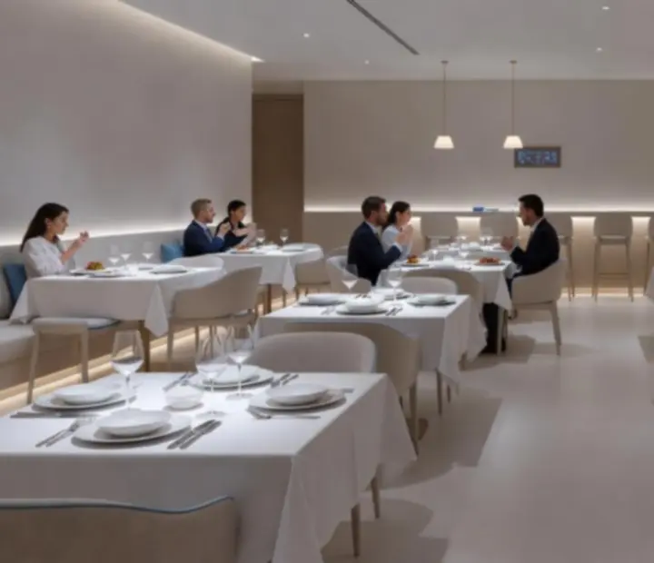 Večerní interiér restaurace Bohemiora se světlým moderním designem