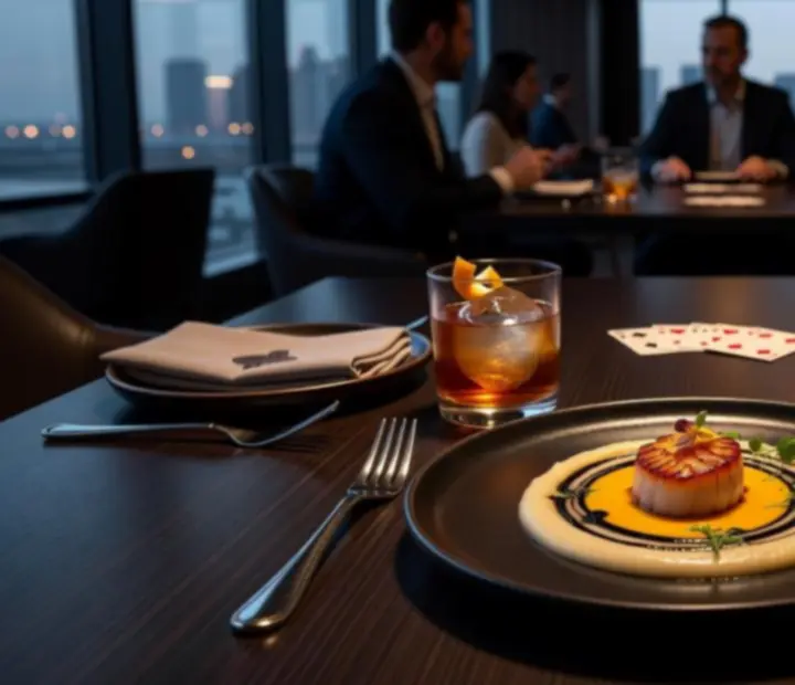 Servírované prémiové pokrmy a koktejly během pokerového večera v restauraci Bohemiora